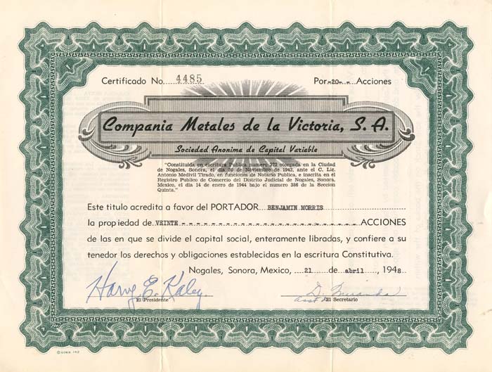 Compania Metales de la Victoria, S.A. - Stock Certificate